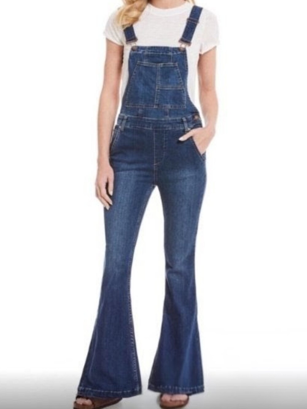 Free People Carly Flare Dark Denim Midrise Overalls size 31